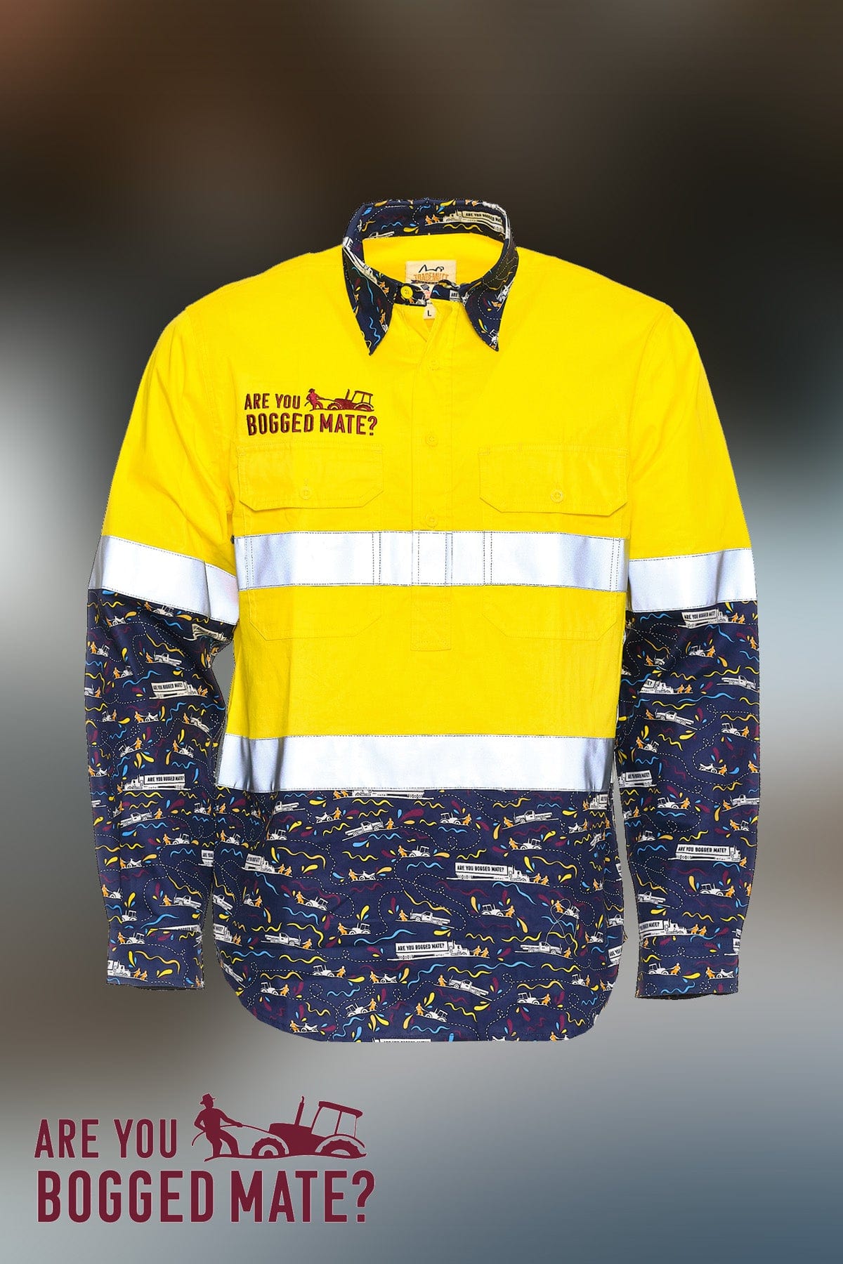 TradeMutt Custom Are You Bogged Mate? Yellow Hi Vis Cotton Work Shirt Custom Are You Bogged Mate? Yellow Hi Vis Cotton Work Shirt 21207
