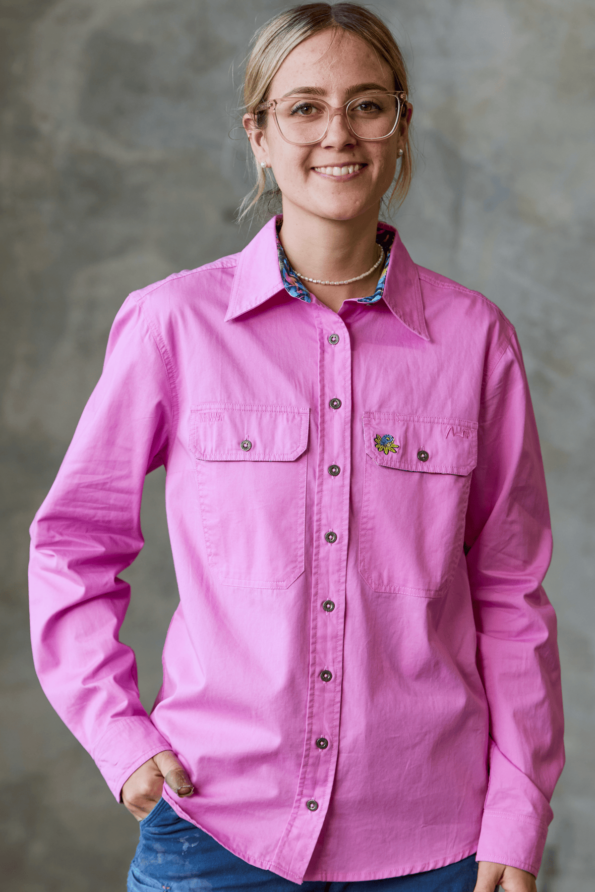 TradeMutt Workshirt Women's True Blue Mountains Pink Undercover Mutter Full Button Workshirt Women's Pink Undercover Mutter Shirt | TradeMutt