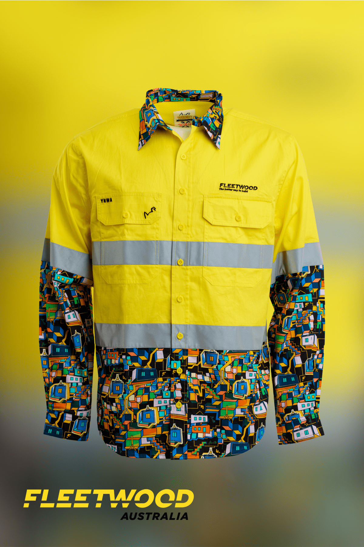 TradeMutt Custom Fleetwood "Modumental" Yellow Day/Night Hi Vis Work Shirt Fleetwood "Modumental" Yellow Day/Night Hi Vis Work Shirt