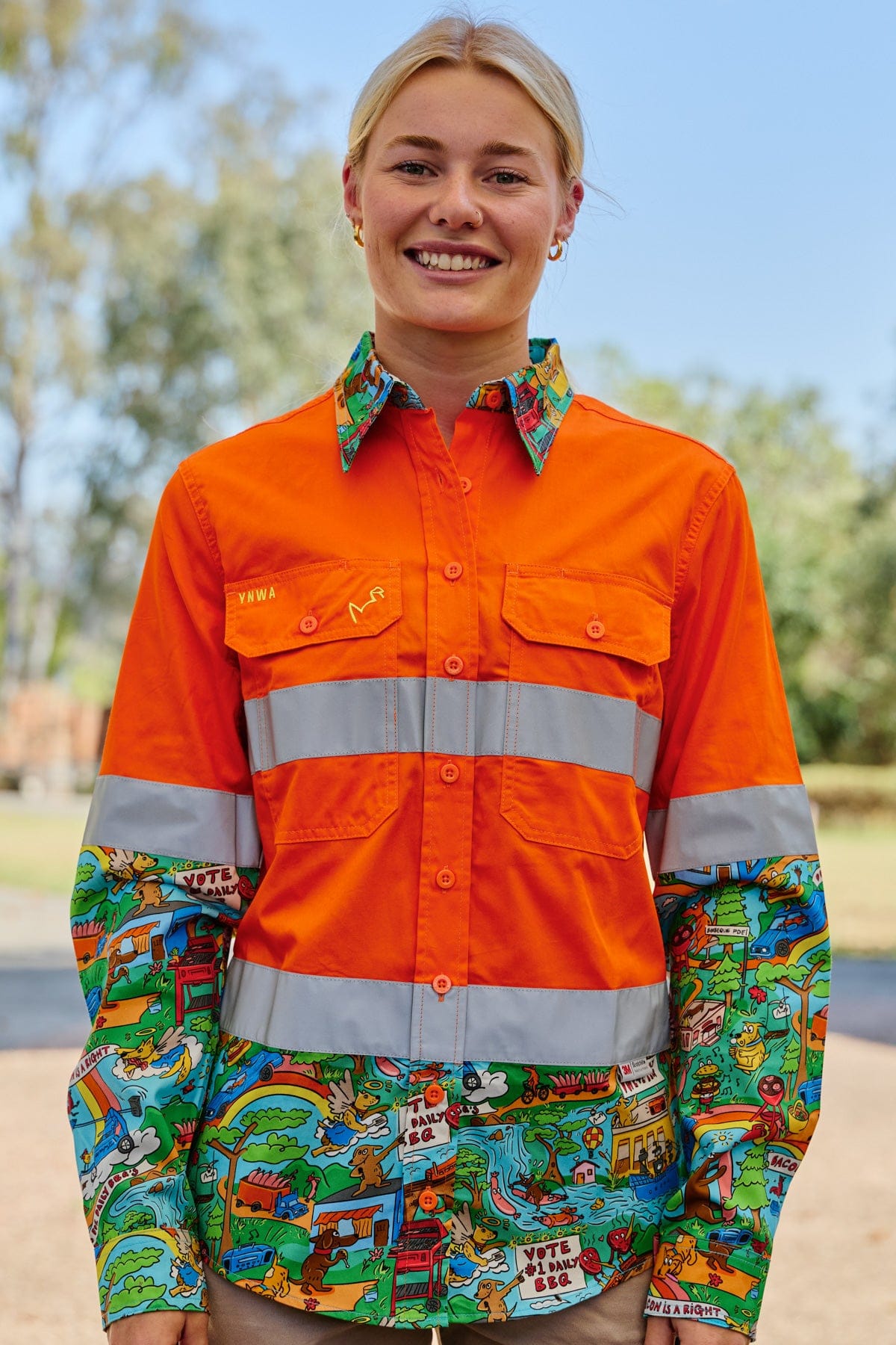 TradeMutt Workshirt Women's Hot Diggity Dawg Orange Day/Night Hi Vis Work Shirt Women's Hot Diggity Dawg Orange Day/Night Hi Vis Work Shirt