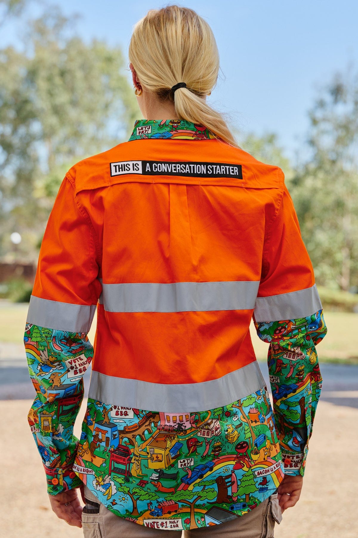 TradeMutt Workshirt Women's Hot Diggity Dawg Orange Day/Night Hi Vis Work Shirt Women's Hot Diggity Dawg Orange Day/Night Hi Vis Work Shirt