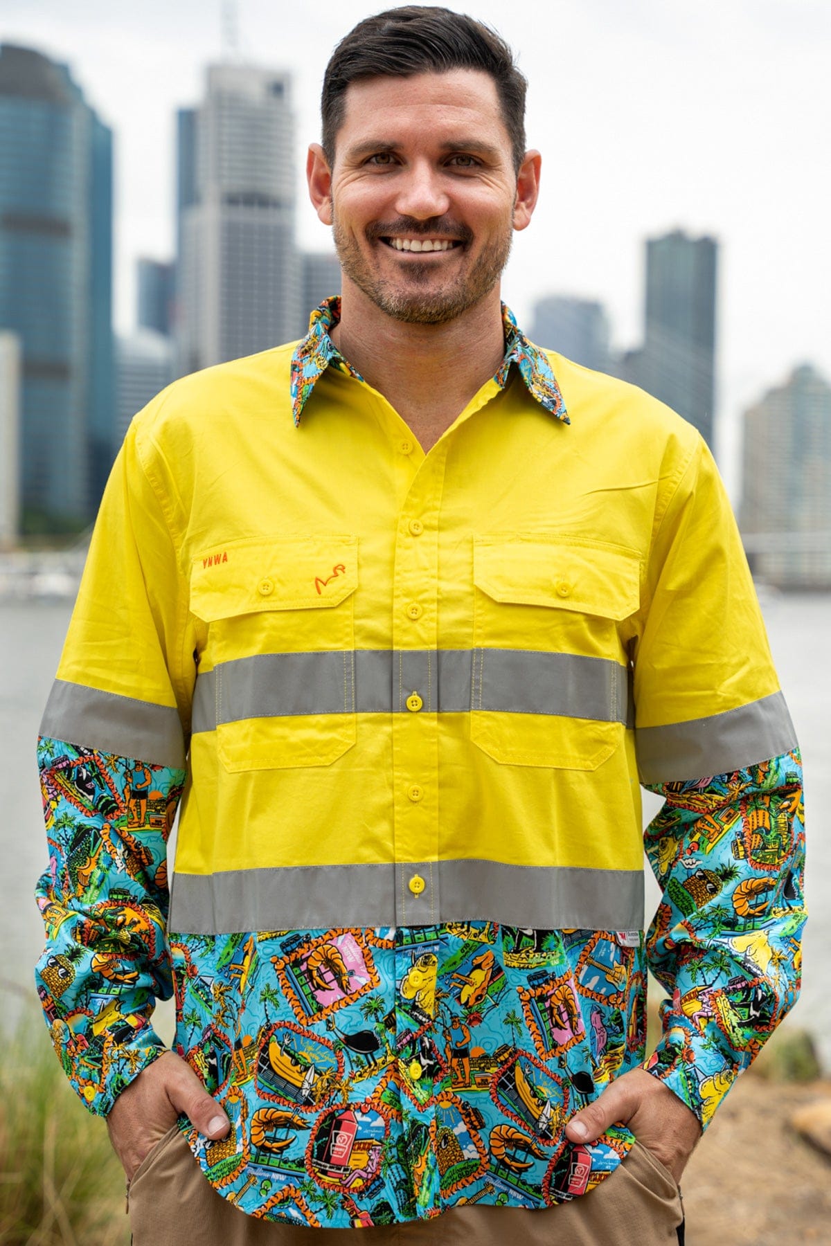 TradeMutt Workshirt Men's Big Thing Energy Yellow Day/Night Hi Vis Work Shirt Men's Big Thing Energy Yellow Day/Night Hi Vis Work Shirt