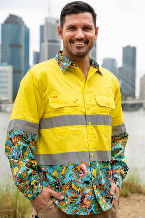 TradeMutt Workshirt Men's Big Thing Energy Yellow Day/Night Hi Vis Work Shirt Men's Big Thing Energy Yellow Day/Night Hi Vis Work Shirt
