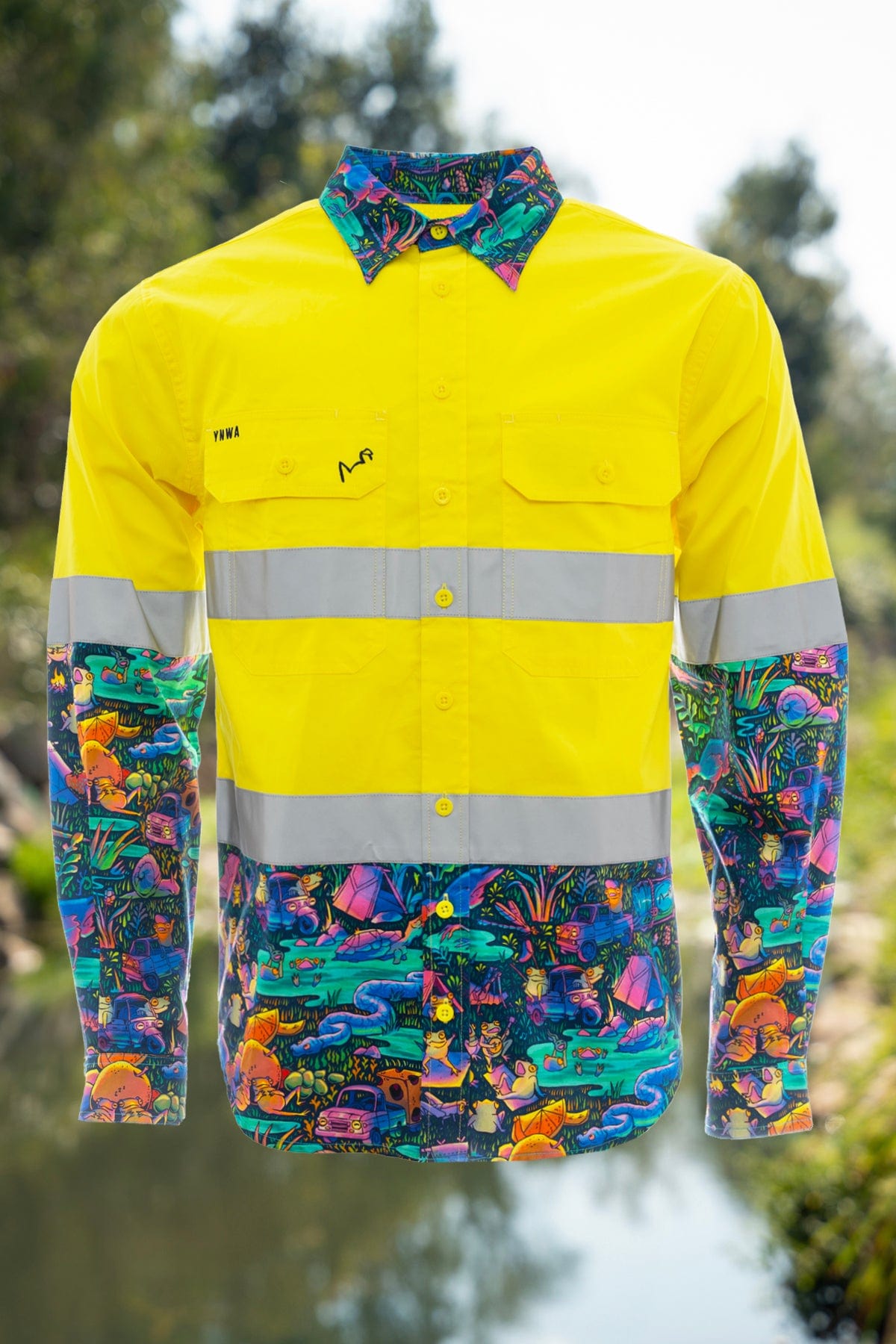 Men's Who Let The Frogs Out Yellow Day/Night Hi Vis Full Button Workshirt