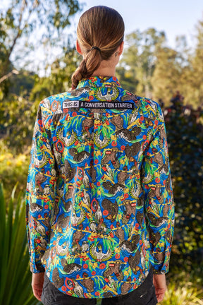 TradeMutt Workshirt Women's Light Weight Flock Around & Find Out Full Button Work Shirt Women's Light Weight Flock Around & Find Out Full Button Work Shirt
