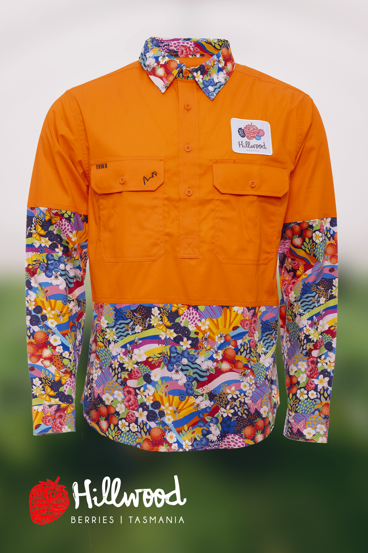 TradeMutt "Sweet Pickin's" Custom Hillwood Berries Orange Day Only Hi Vis Workshirt "Sweet Pickin's" Custom Hillwood Berries Orange Day Only Hi Vis Workshirt 21537