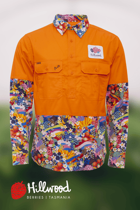 TradeMutt "Sweet Pickin's" Custom Hillwood Berries Orange Day Only Hi Vis Workshirt "Sweet Pickin's" Custom Hillwood Berries Orange Day Only Hi Vis Workshirt 21537