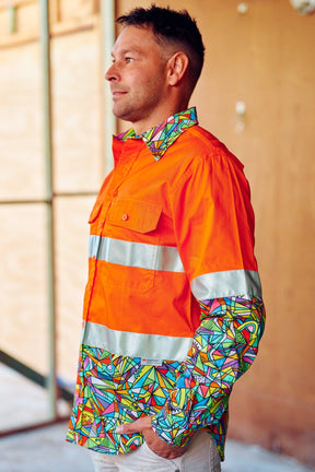 TradeMutt Workshirt Men's Bonza Orange Day/Night Hi Vis 2.0 Full Button Work Shirt Men's Bonza Orange Day/Night Hi Vis Half Button Workshirt | TradeMutt Workshirts