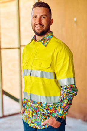 TradeMutt Workshirt Men's Bonza Yellow Day/Night Hi Vis 2.0 Full Button Work Shirt Men's Bonza Yellow Day/Night Hi Vis Half Button Workshirt | TradeMutt Workshirts