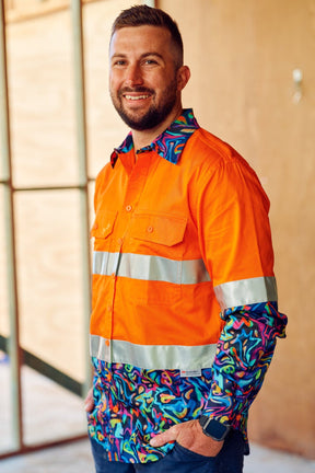 TradeMutt Workshirt Men's Pearler Orange Day/Night Hi Vis 2.0 Full Button Work Shirt Men's Pearler Orange Day/Night Hi Vis Half Button Workshirt | TradeMutt Workshirts