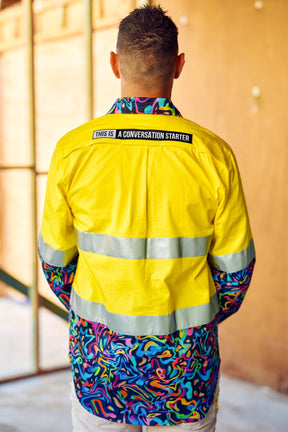 TradeMutt Workshirt Men's Pearler Yellow Day/Night Hi Vis 2.0 Full Button Work Shirt Men's Pearler Yellow Day/Night Hi Vis Half Button Workshirt | TradeMutt Workshirts