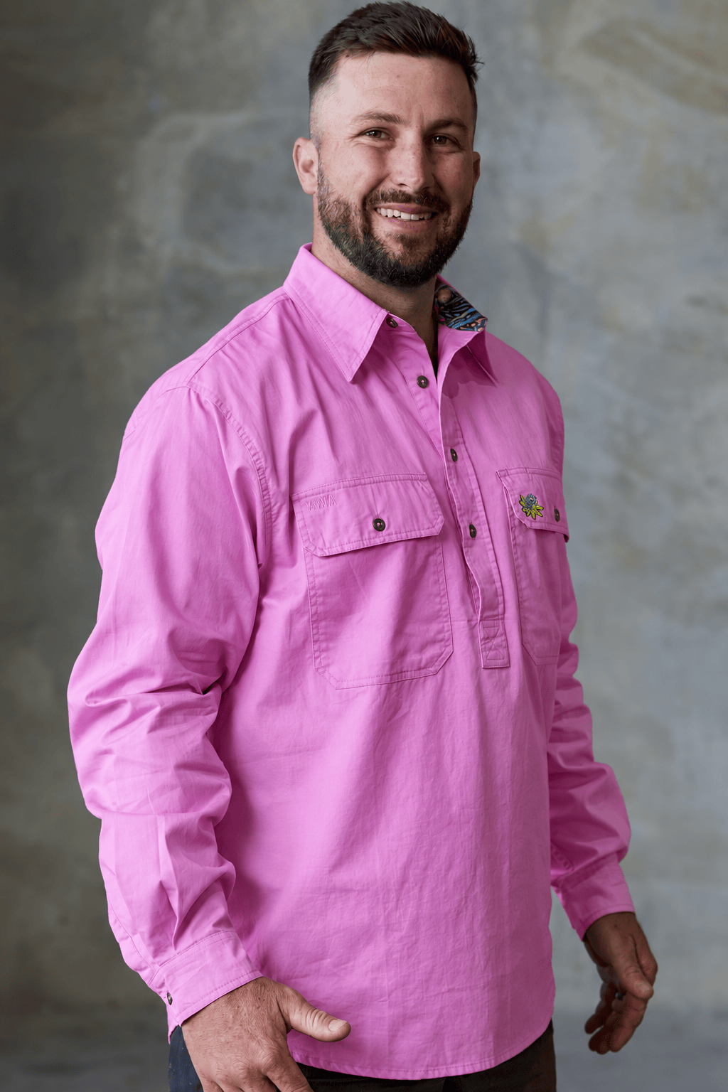 TradeMutt Workshirt Men's True Blue Mountains Pink Undercover Mutter Half Button Workshirt Men's Pink Undercover Mutter Shirt | TradeMutt