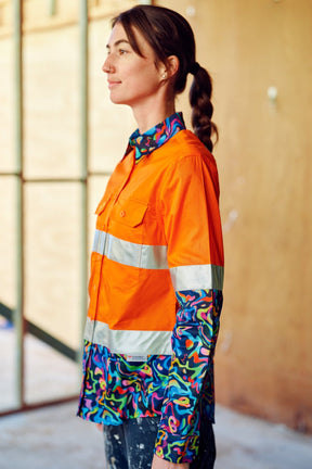 TradeMutt Workshirt Women's Pearler Orange Day/Night Hi Vis 2.0 Full Button Work Shirt Women's Pearler Orange Day/Night Hi Vis Workshirt | TradeMutt Workshirts